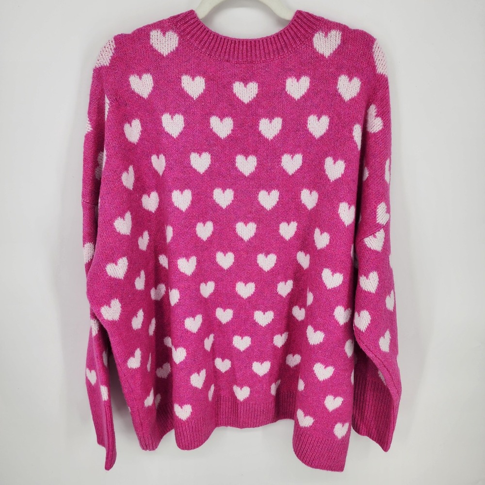 Vince Camuto Heart Print Pullover Sweater Womens XXL Pink Crew Neck Relaxed Fit - Picture 2 of 9
